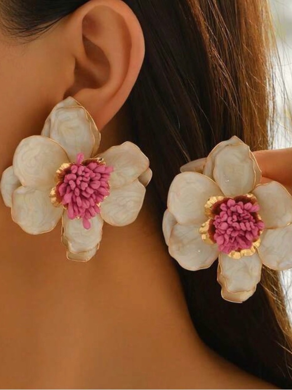 New Oversized Ivory Pink Floral Statement Earrings Gold Trim Petal Earrings